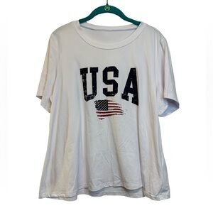 SHEIN Curve White Short Sleeve Tee Distressed USA with Flag Size 1XL NWOT ☀️